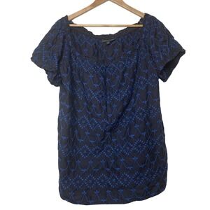 Lane Bryant 14/ 16 Black blouse with Blue embroidery short sleeves womens